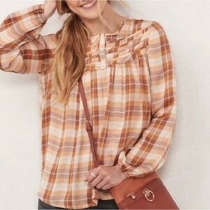 Lauren Conrad Victorian Brown Plaid Long Sleeve Top Size M